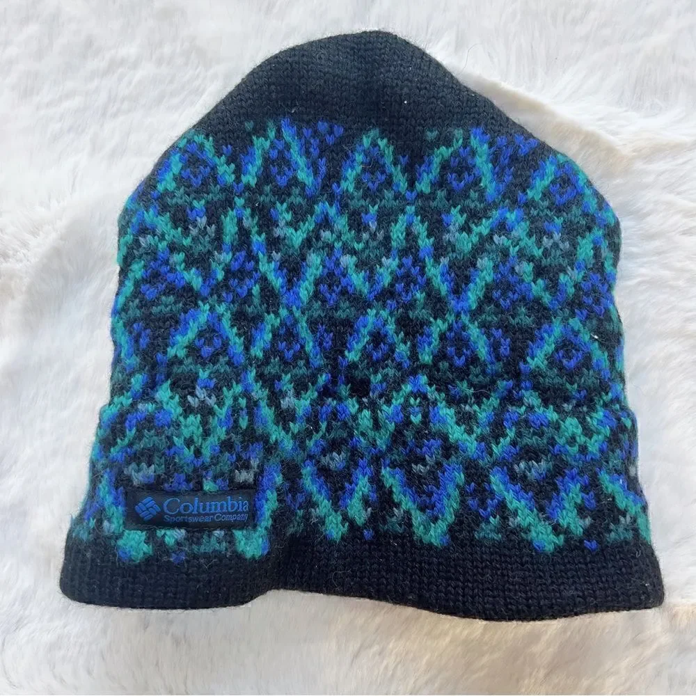 Vintage 80s Columbia Sportswear Beanie Hat Knit Fair Isle 100% Wool MadeInCanada